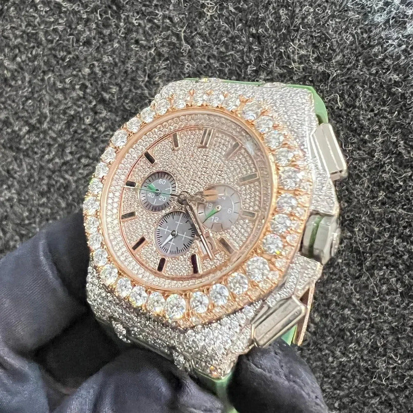 Iced Out VVS Moissanite Diamond Round Bezel Leather Strap Watch