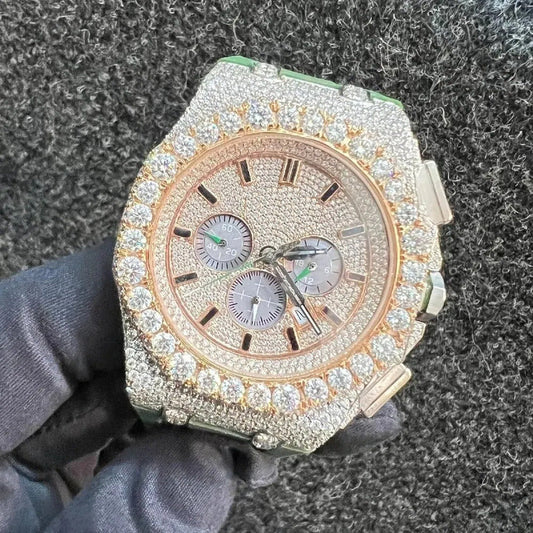 Iced Out VVS Moissanite Diamond Round Bezel Leather Strap Watch