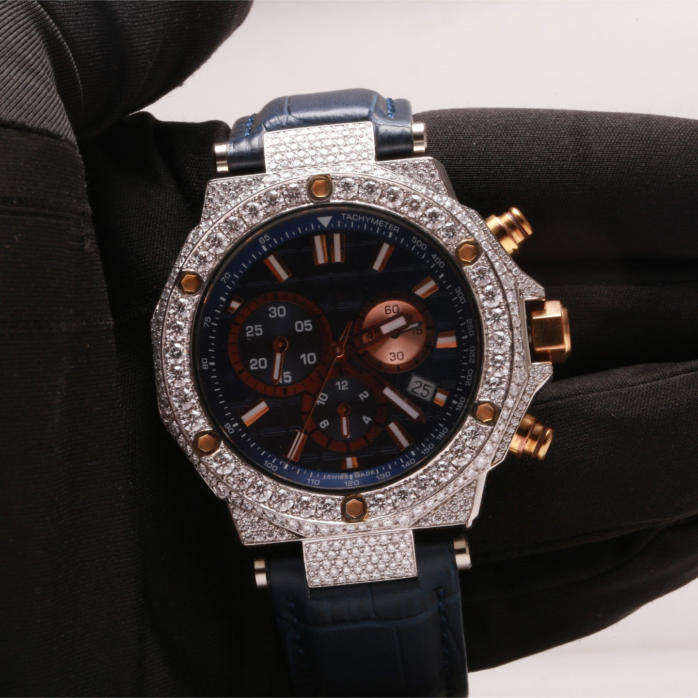 Black Leather Strap VVS Moissanite Diamond Hip Hop Watch